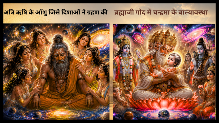 ब्रह्माण्डीय दृश्य में अत्रि ऋषि के नेत्रों से आँसू बहते हुए, चारों ओर दिव्य स्त्रियाँ उपस्थित हैं, और दूसरी ओर ब्रह्मा जी अपनी गोद में बाल रूप चन्द्रमा को वात्सल्य भाव से धारण किए हुए हैं, साथ में भगवान विष्णु, शिव और अन्य देवता खड़े हैं।