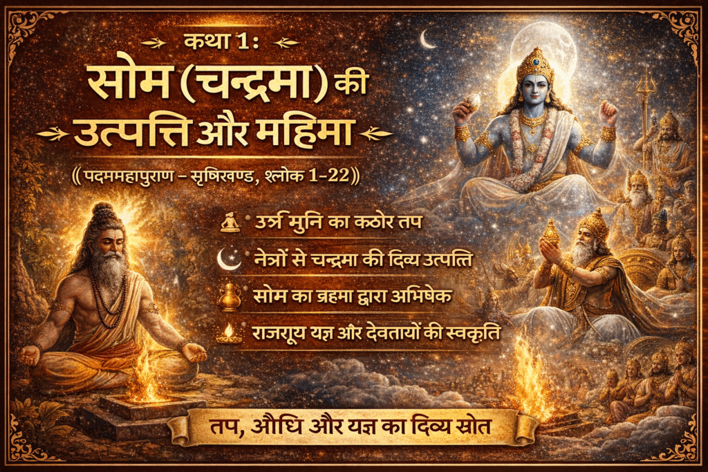 Current image: अत्रि मुनि के तप से चन्द्रदेव (सोम) की उत्पत्ति, ब्रह्मा द्वारा अभिषेक और देवताओं के साथ राजसूय यज्ञ का दिव्य दृश्य।