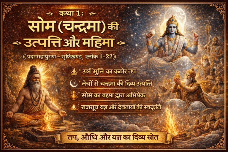 सोम (चन्द्रमा) की उत्पत्ति और महिमा- अत्रि मुनि के तप से चन्द्रदेव (सोम) की उत्पत्ति, ब्रह्मा द्वारा अभिषेक और देवताओं के साथ राजसूय यज्ञ का दिव्य दृश्य।