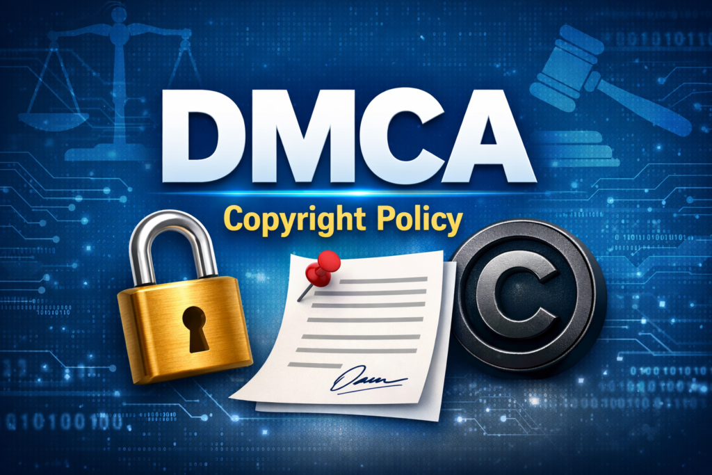 DMCA Copyright Policy thumbnail with blue digital background, padlock icon, copyright symbol, and legal document illustration