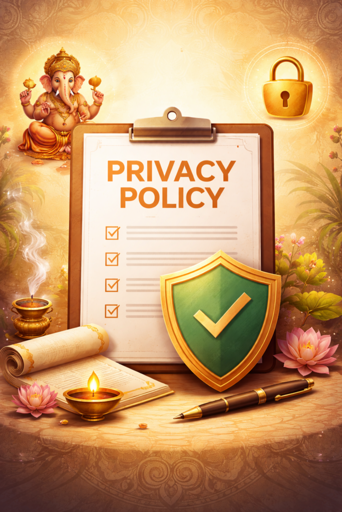 Privacy Policy document with golden lock shield and spiritual Hindu theme background