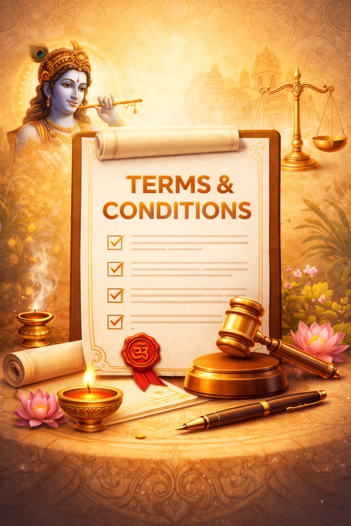 Terms & Conditions document with gavel, scales of justice and spiritual Hindu theme background
