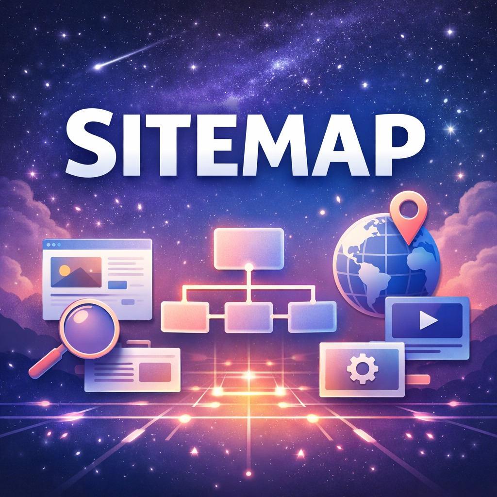Sitemap illustration showing website structure, interconnected pages, search icon and globe on cosmic background