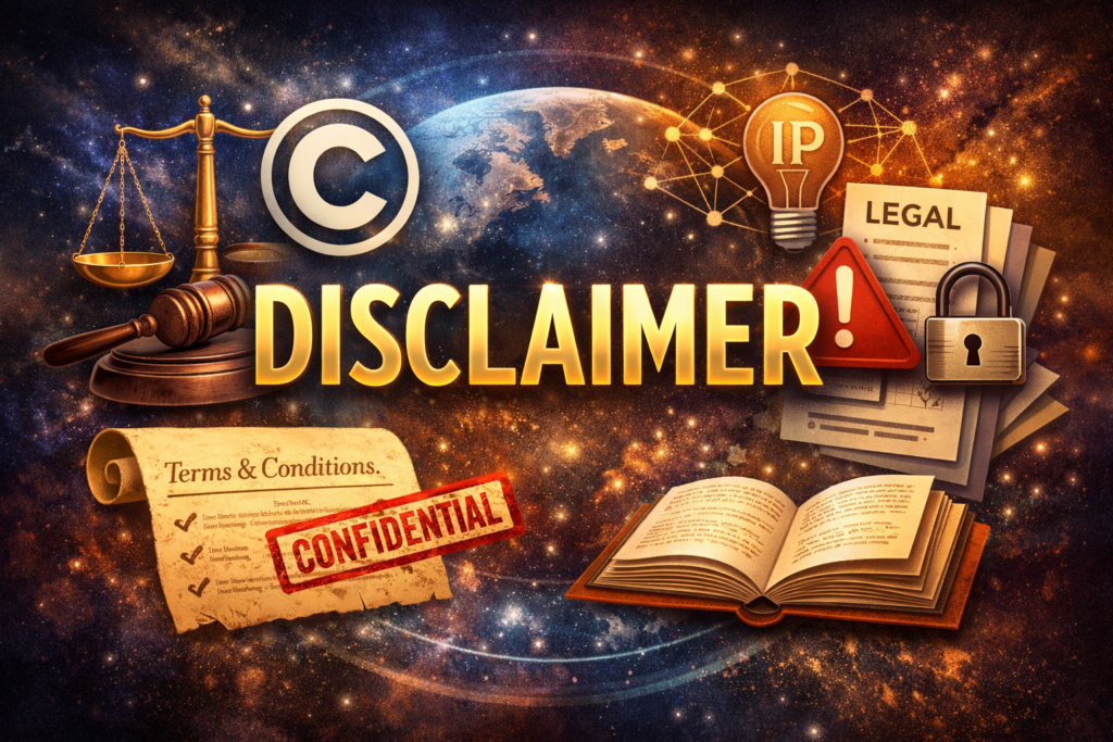 Bold “Disclaimer” text with legal symbols including gavel, scales of justice, copyright sign, legal documents, and lock on a cosmic background.