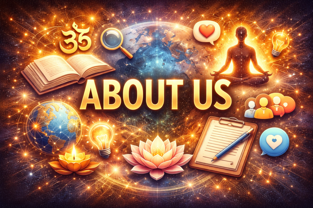 About Us thumbnail with glowing text, meditation figure, Om symbol, open book, lotus flower, and cosmic spiritual background.