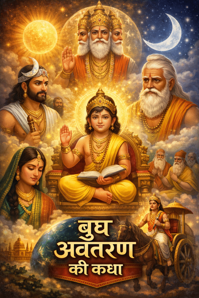 Current image: बुध अवतरण की पौराणिक कथा का चित्र, जिसमें तारा से जन्मे बुद्धि के देवता बुध सिंहासन पर विराजमान हैं, ऊपर ब्रह्मा जी आशीर्वाद दे रहे हैं, एक ओर चन्द्रमा और दूसरी ओर बृहस्पति दिखाई देते हैं, तथा आकाश में सूर्य-चन्द्र और ग्रहों का दिव्य दृश्य उपस्थित है।