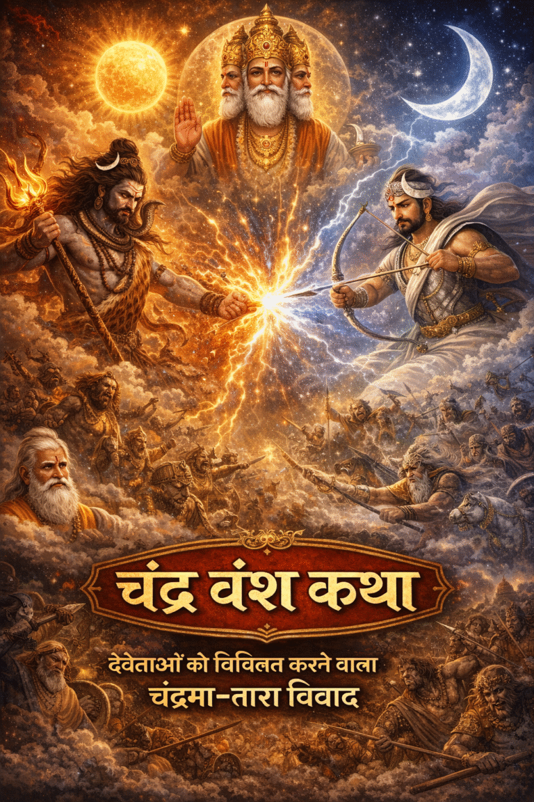 चंद्र वंश की पौराणिक चन्द्रमा–तारा विवाद कथा का दृश्य जिसमें भगवान शंकर और चन्द्रमा के बीच भीषण महायुद्ध दिखाया गया है, ऊपर ब्रह्मा जी युद्ध रोकते हुए दिखाई देते हैं, आकाश में सूर्य और चन्द्र के प्रतीक हैं तथा देवताओं और असुरों की सेनाएँ त्रिलोकी को कंपित करती हुई दर्शाई गई हैं।