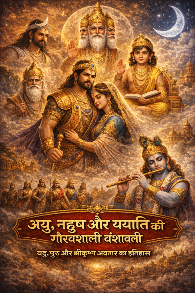 Current image: चन्द्रवंश की वंशावली दर्शाता पौराणिक चित्र जिसमें आयु, नहुष और राजा ययाति के साथ उनके पुत्र पुरु और यदु दिखाए गए हैं, ऊपर देवताओं की दिव्य आभा तथा नीचे यदुवंश से उत्पन्न भगवान श्रीकृष्ण का संकेत, धर्म और कर्म की परंपरा को दर्शाता हुआ दृश्य।