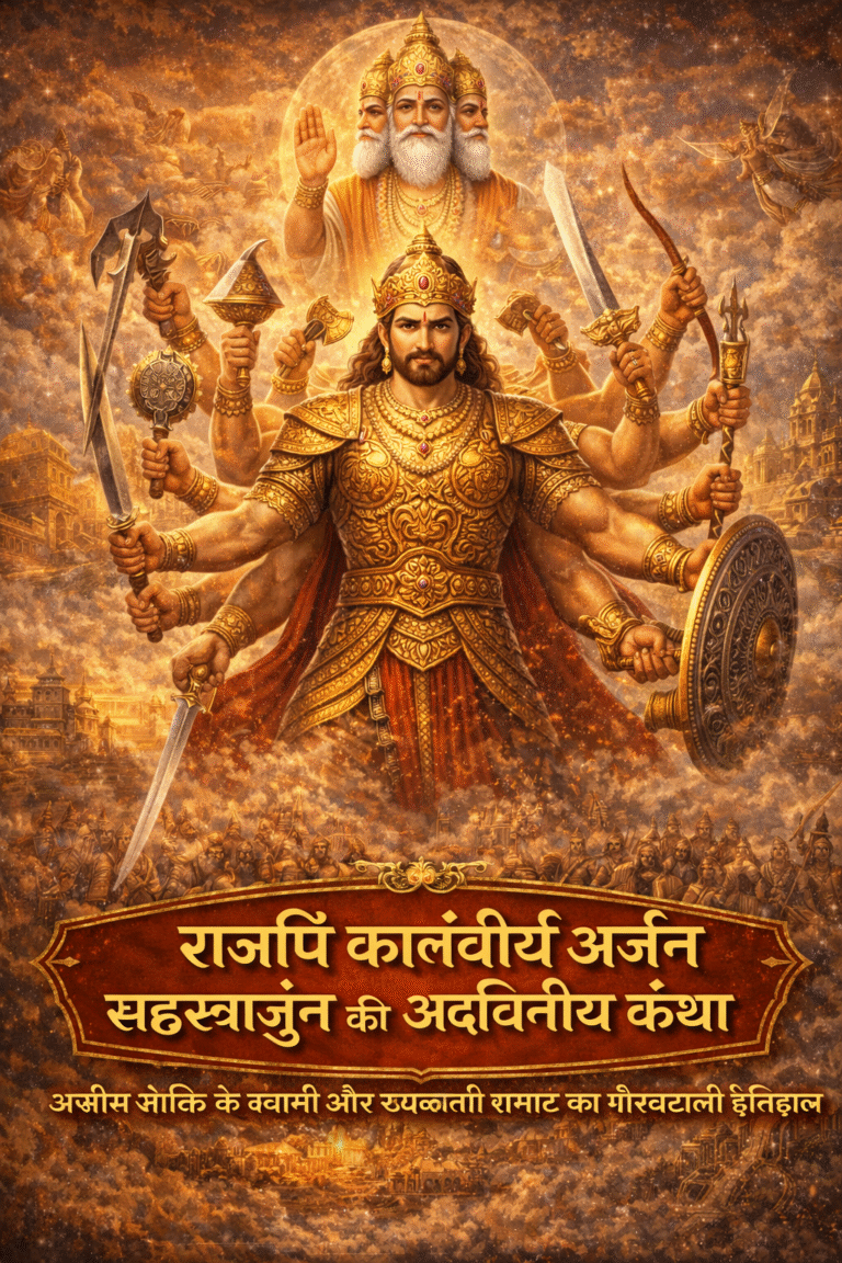 हैहय वंश के चक्रवर्ती सम्राट सहस्त्रार्जुन की दिव्य छवि, सहस्र भुजाओं वाले कार्तवीर्य अर्जुन, दत्तात्रेय की कृपा, यदु–पुरु वंश और श्रीकृष्ण अवतार की पौराणिक पृष्ठभूमि दर्शाती हुई पौराणिक कला