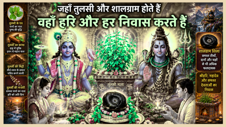 मध्य में तुलसी और शालग्राम शिला स्थापित है, एक ओर भगवान विष्णु और दूसरी ओर भगवान शिव विराजमान हैं। भक्त श्रद्धा से पूजा करते हुए दिखाई दे रहे हैं।