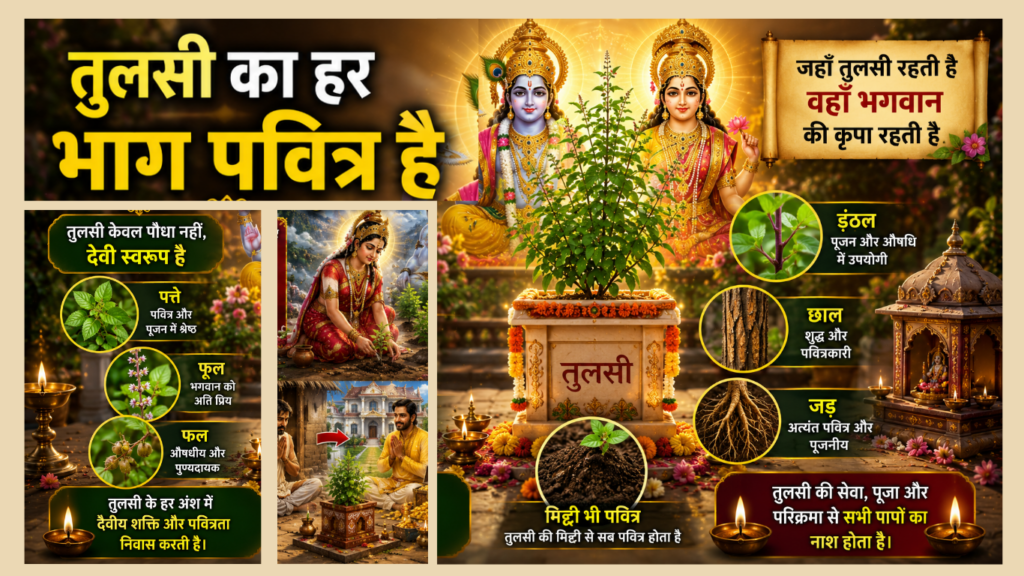 Current image: मध्य में तुलसी का पवित्र पौधा स्थापित है, उसके पीछे भगवान विष्णु और माता लक्ष्मी विराजमान हैं। चित्र में तुलसी के पत्ते, फूल, फल, जड़, डंठल, छाल और मिट्टी की पवित्रता को दर्शाया गया है।