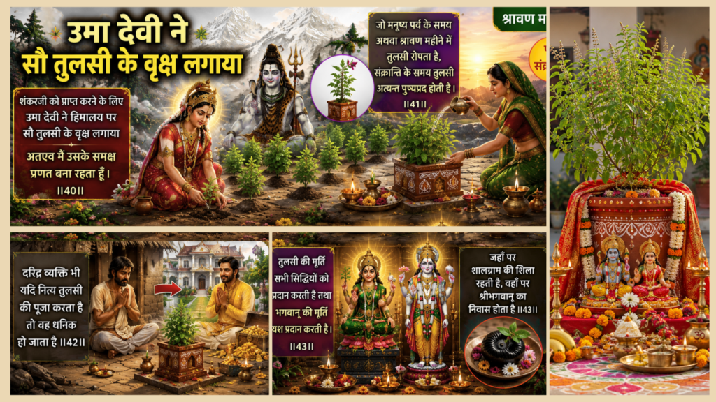 Current image: हिमालय पर्वत के बीच माता उमा तुलसी के पौधे रोप रही हैं, पास में भगवान शिव विराजमान हैं। अन्य दृश्य में तुलसी पूजा और तुलसी से प्राप्त समृद्धि को दिखाया गया है।