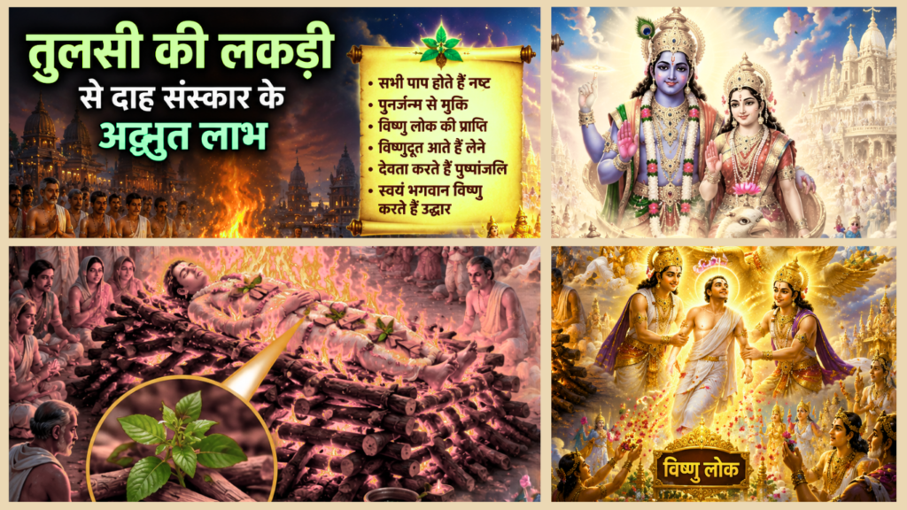 Current image: तुलसी की लकड़ी से जलती चिता का दृश्य, जहाँ भगवान विष्णु और देवदूत आत्मा को विष्णु लोक ले जाते हुए दिखाई दे रहे हैं।