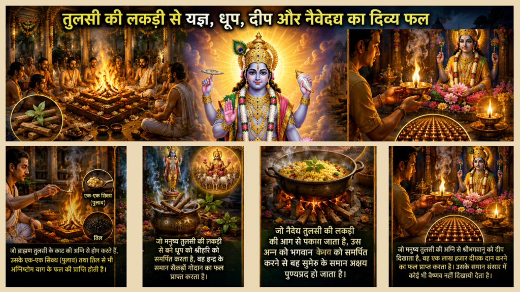 Current image: चित्र में तुलसी की लकड़ी से यज्ञ, धूप, दीप और नैवेद्य तैयार किया जा रहा है। मध्य में भगवान विष्णु विराजमान हैं और भक्त पूजा-अर्चना कर रहे हैं।