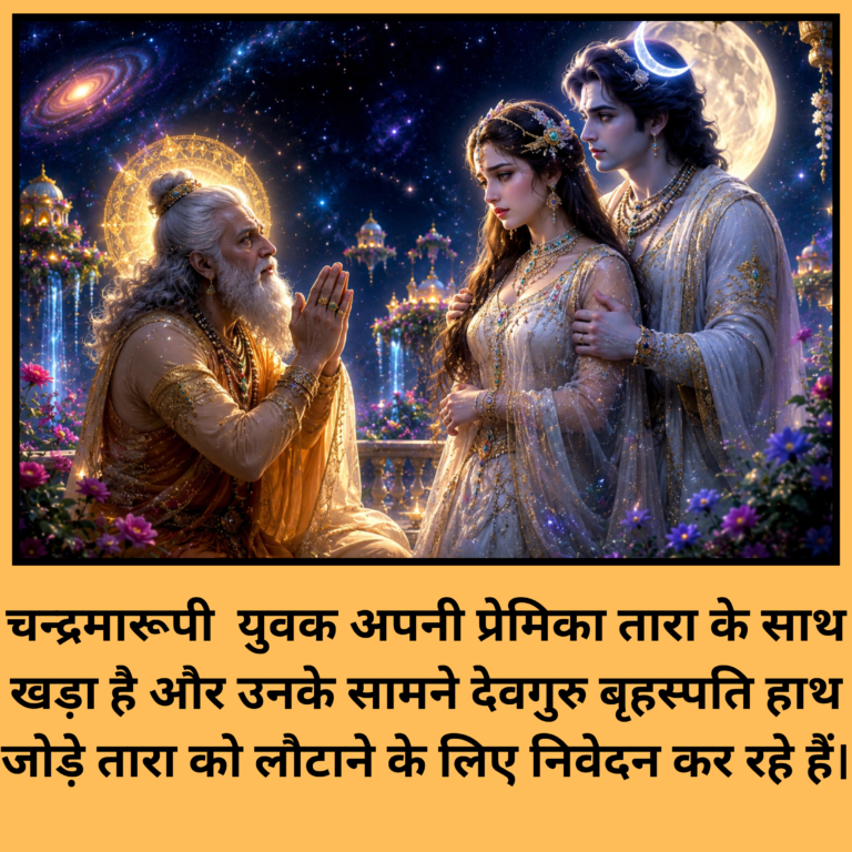 चन्द्रमा–तारा विवाद: चन्द्रमारूपी युवक अपनी प्रेमिका तारा के साथ खड़ा है और उनके सामने देवगुरु बृहस्पति