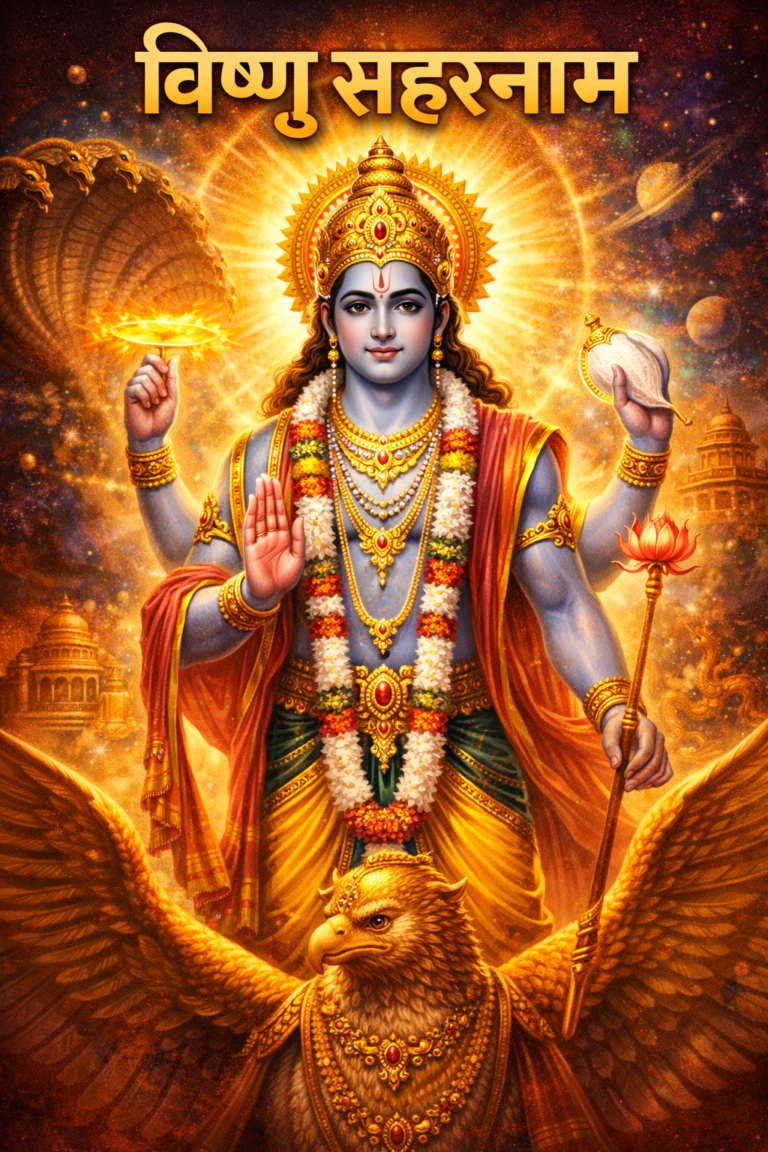 विष्णु सहस्रनाम के लिए चतुर्भुज भगवान विष्णु शंख, चक्र, गदा और पद्म धारण किए स्वर्णिम प्रकाश में विराजमान