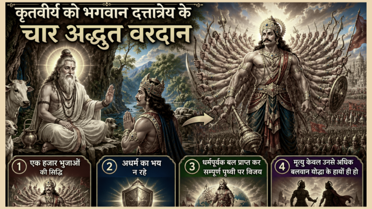 कठोर साधना से प्रसन्न होकर दत्तात्रेय ने उन्हें साक्षात दर्शन दिए और चार अद्भुत वरदान प्रदान करने की घोषणा की।