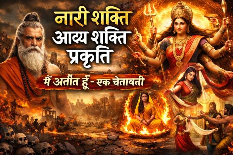 नारी शक्ति आद्य शक्ति प्रकृति पर आधारित Image जिसमें देवी दुर्गा का दिव्य रूप, अतीत का ऋषि, सीता की अग्नि परीक्षा और द्रौपदी चीरहरण के दृश्य दर्शाए गए हैं, जो नारी के सम्मान और अपमान के परिणाम को दर्शाते हैं।