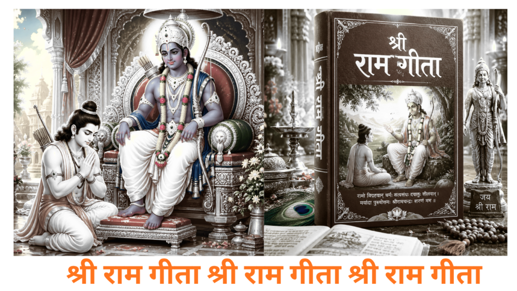 Current image: श्री राम गीता - Bhagwan Shri Ram singhasan par virajmaan hain aur unke charanon mein haath jode vinamra aur udaasin bhav mein Lakshman ji baithe hain, bhakti aur samarpan ka divya drishya