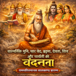 Current image: वाल्मीकि मुनि रामायण लिखते हुए, चारों वेद, ब्रह्मा, देवता, भगवान शिव और माता पार्वती के साथ रामचरितमानस बालकाण्ड की वंदना दर्शाता अद्भुत चित्र