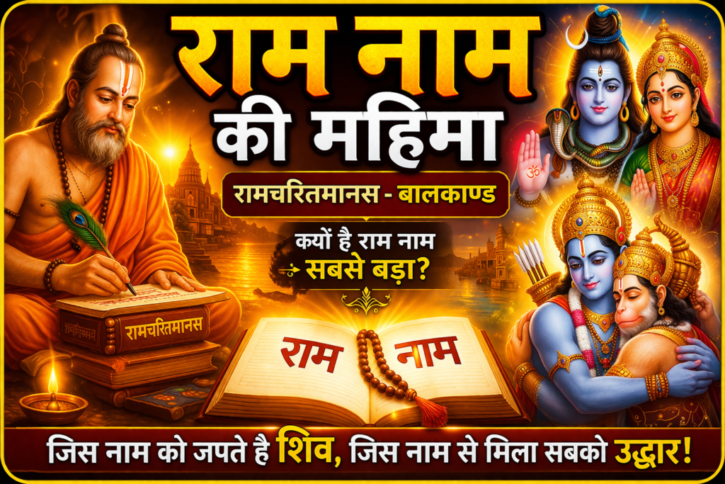 Current image: राम नाम सबसे बड़ा-राम नाम की महिमा दर्शाता हुआ रामचरितमानस बालकाण्ड का thumbnail जिसमें शिवजी, तुलसीदासजी और श्रीराम-हनुमान की दिव्य छवि दिखाई गई है