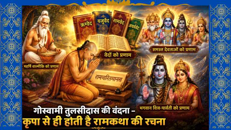 वाल्मीकि मुनि रामायण लिखते हुए, चारों वेद, ब्रह्मा, देवता, भगवान शिव और माता पार्वती के साथ रामचरितमानस बालकाण्ड की वंदना दर्शाता अद्भुत चित्र
