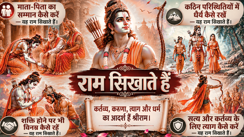 Current image: श्रीराम गीता के प्रथम श्लोक का रहस्य - भगवान श्रीराम के जीवन से सीख देने वाला प्रेरणादायक थंबनेल, जिसमें आदर्श आचरण और धर्ममय जीवन का संदेश दिखाया गया है।