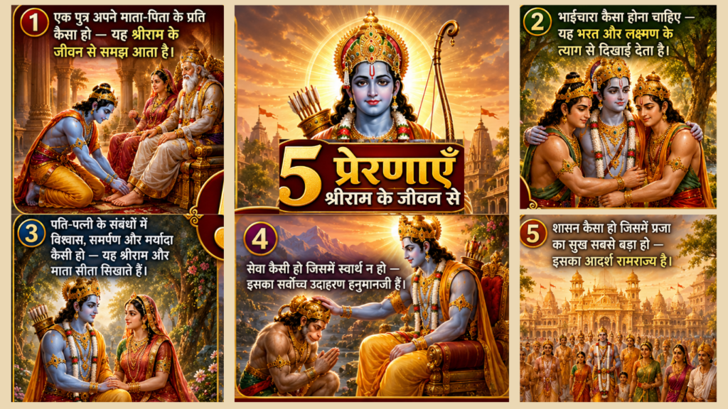 Current image: श्रीराम गीता के प्रथम श्लोक का रहस्य - भगवान श्रीराम के जीवन से जुड़ी 5 प्रेरणाओं को दर्शाता हुआ आध्यात्मिक थंबनेल, जिसमें माता-पिता की सेवा, भाईचारा, दांपत्य मर्यादा, हनुमानजी की सेवा और रामराज्य के दृश्य दिखाए गए हैं।