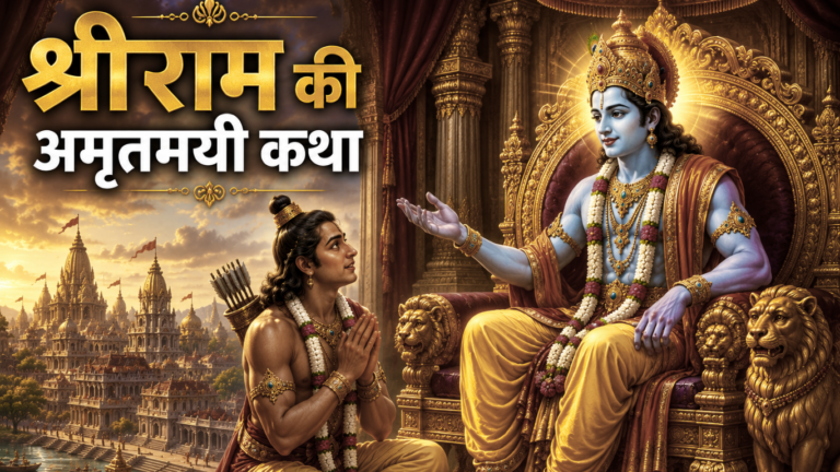 सही प्रश्नों की शक्ति - अयोध्या का दृश्य, श्रीराम महल में सिंहासन पर बैठे हैं। उनकी चरणों के पास हाथ जोड़े लक्ष्मणजी बैठे हैं