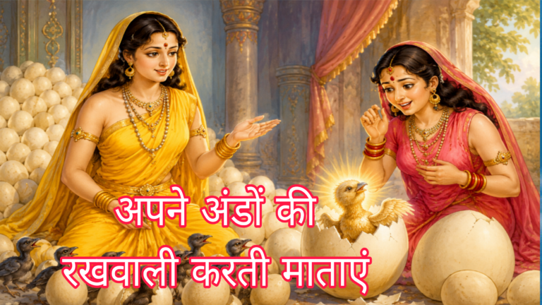 गरुड़जी की कहानी - दो माताएं विशाल अंडों के बीच बैठी हैं और एक अंडे से निकलते हुए सुनहरे चूजे को देखकर प्रसन्न हो रही हैं। चित्र मातृत्व, सुरक्षा और नए जीवन के जन्म का प्रतीक है।