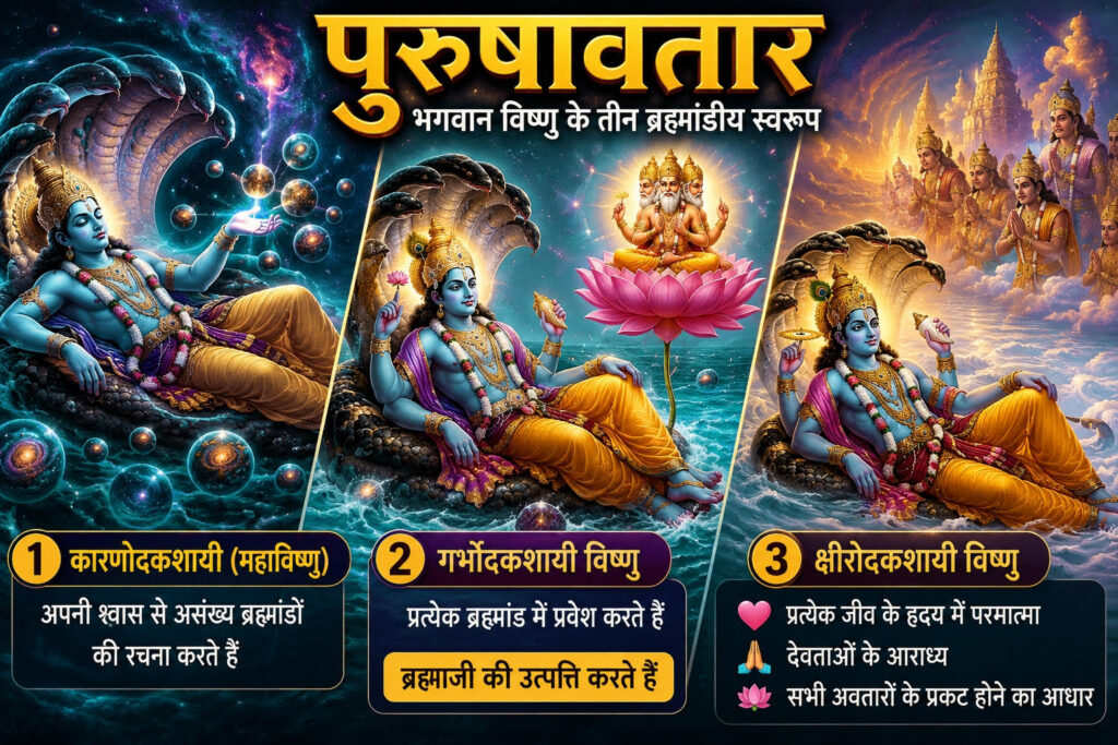 Current image: पुरुषावतार के तीन स्वरूप – कारणोदकशायी (महाविष्णु), गर्भोदकशायी विष्णु और क्षीरोदकशायी विष्णु का दिव्य ब्रह्माण्डीय चित्रण।