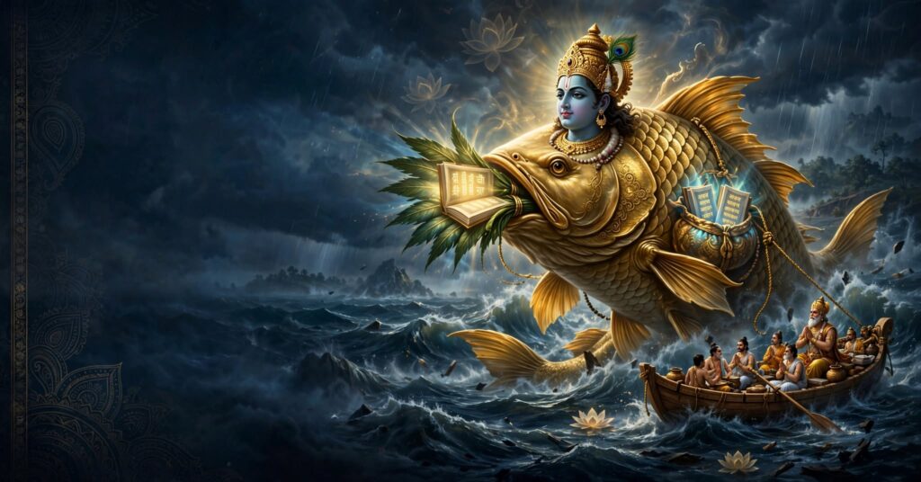 सुनहरी मत्स्य के रूप में भगवान विष्णु वेदों को मुख में धारण कर प्रलय के समुद्र में सत्यव्रत और सप्तर्षियों की नाव की रक्षा करते हुए