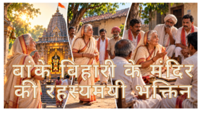 बांके बिहारी के मंदिर की रहस्यमयी भक्तिन की कथा दर्शाती भक्तिन और ग्रामीणों की भावपूर्ण तस्वीर