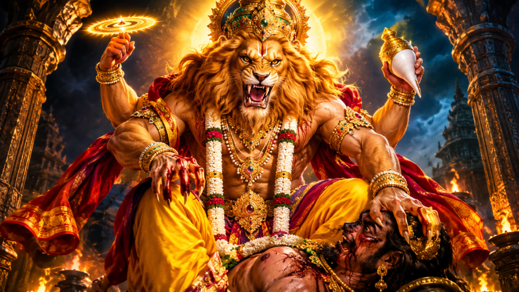 Current image: नृसिंह भगवान का दिव्य और रौद्र स्वरूप, हिरण्यकशिपु का वध करते हुए भगवान विष्णु का नरसिंह अवतार