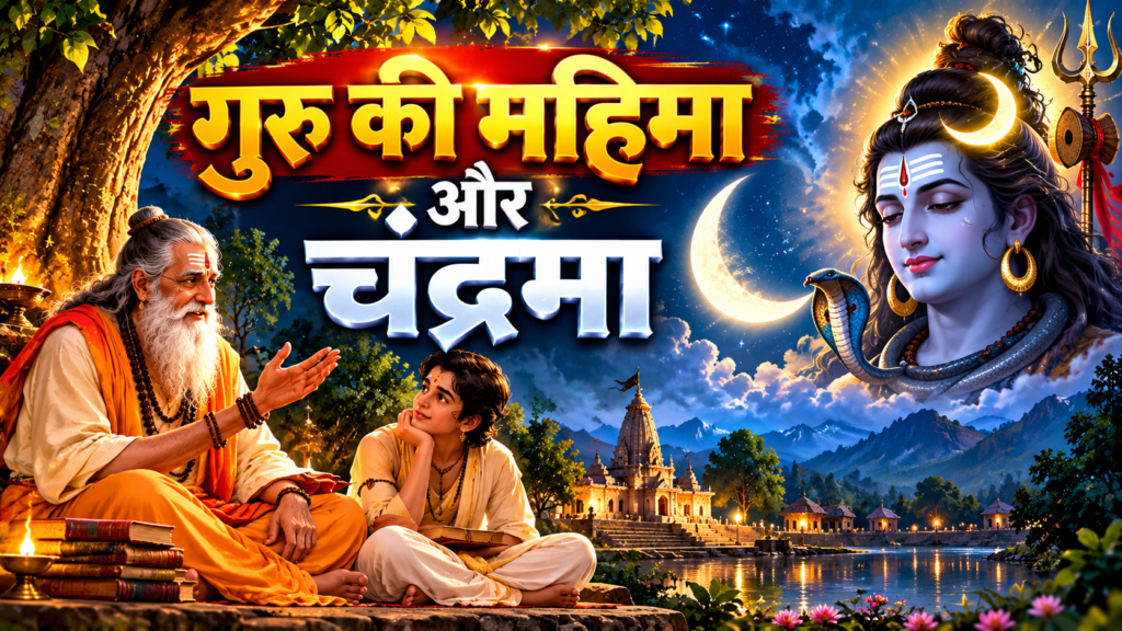 Current image: गुरु की महिमा और चंद्रमा का रहस्य दर्शाता भक्तिमय चित्र, जिसमें गुरु शिष्य को शिक्षा देते हैं और भगवान शिव के मस्तक पर अर्धचंद्र सुशोभित है।