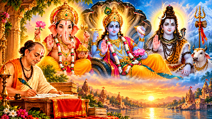 गोस्वामी तुलसीदास जी श्रीरामचरितमानस की रचना करते हुए, साथ में भगवान गणेश, भगवान विष्णु और भगवान शिव के दिव्य स्वरूप