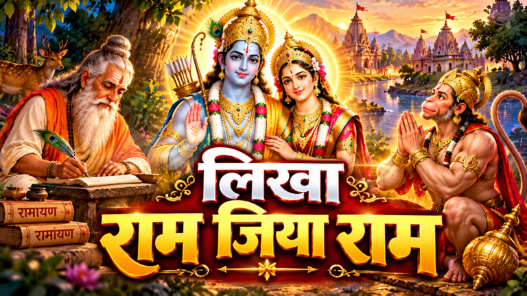 महर्षि वाल्मीकि रामायण लिखते हुए, बीच में माता सीता और भगवान श्रीराम के दिव्य दर्शन तथा दाईं ओर भक्त हनुमान जी हाथ जोड़कर बैठे हुए। भक्तिमय चित्र पर लिखा है—“लिखा राम जिया राम”।