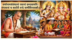 गोस्वामी तुलसीदास जी रामचरितमानस लिखते हुए, साथ में माँ सरस्वती और भगवान गणेश जी का दिव्य चित्र