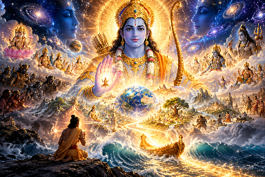 श्री राम के दिव्य ब्रह्म स्वरूप का भव्य चित्र, जिसमें भगवान श्रीराम ब्रह्मांड के केंद्र में दिव्य प्रकाश के साथ विराजमान हैं। उनके चारों ओर सृष्टि, आकाशगंगाएँ, देवी-देवता, पृथ्वी और भवसागर से पार उतरने का प्रतीक दिखाई देता है। यह चित्र रामचरितमानस की छठी वंदना में वर्णित भगवान श्रीराम के परम कारण, माया के स्वामी और संसार-सागर से तारने वाले स्वरूप को दर्शाता है।