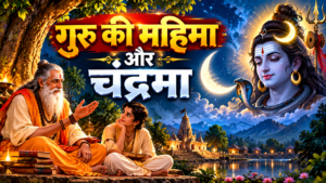 गुरु की महिमा और चंद्रमा का रहस्य दर्शाता भक्तिमय चित्र, जिसमें गुरु शिष्य को शिक्षा देते हैं और भगवान शिव के मस्तक पर अर्धचंद्र सुशोभित है।