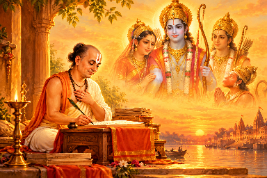 गोस्वामी तुलसीदास जी श्रीरामचरितमानस की रचना करते हुए, पीछे दिव्य स्वरूप में भगवान श्रीराम, माता सीता, लक्ष्मण जी और भक्त हनुमान जी