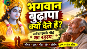 भगवान बुढ़ापा क्यों देते हैं विषय पर आध्यात्मिक हिंदी थंबनेल, जिसमें दिव्य स्वरूप में भगवान आशीर्वाद देते हुए दिखाई दे रहे हैं और एक वृद्ध व्यक्ति हाथ जोड़कर प्रार्थना कर रहा है। सुनहरे सूर्यास्त की पृष्ठभूमि में जीवन, मृत्यु, मोह, प्रेम और संतोष का संदेश दर्शाया गया है।